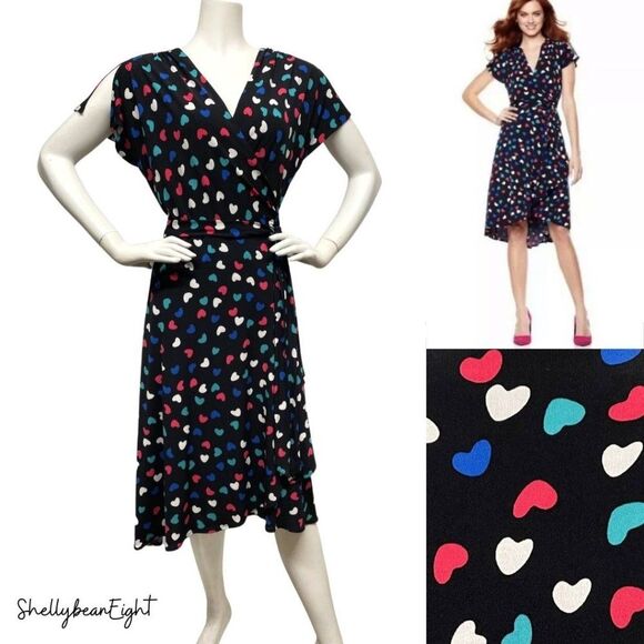 VICKY TIEL Heart LOVE Print Wrap Dress Stretchy L - Picture 1 of 13